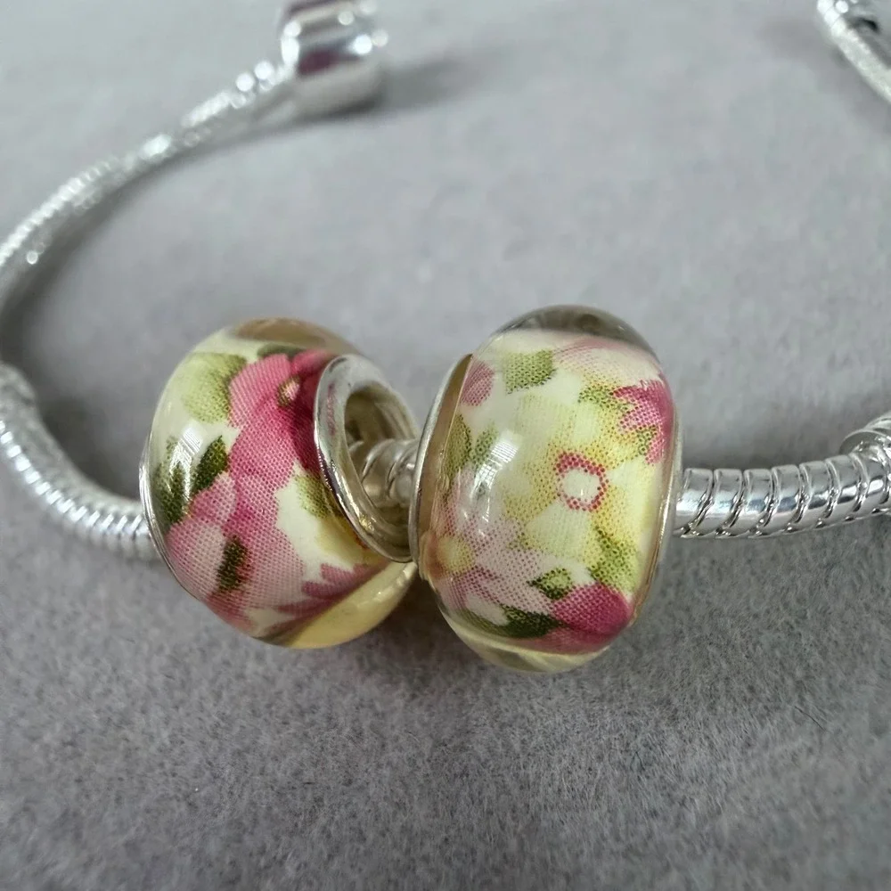 Set of 2 Pink Floral Pink Beads fits PANDORA